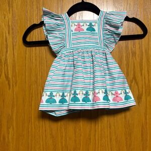 Vintage Baby toddler Floral Print Ruffle Sleeves Apron style strips Dutch ladied